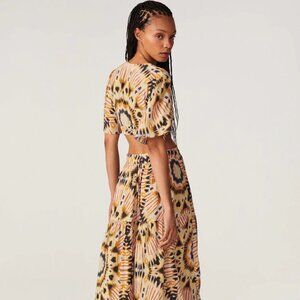 ba&sh cut-out candy dress in beige ikat print light flowy voluminous boho resort